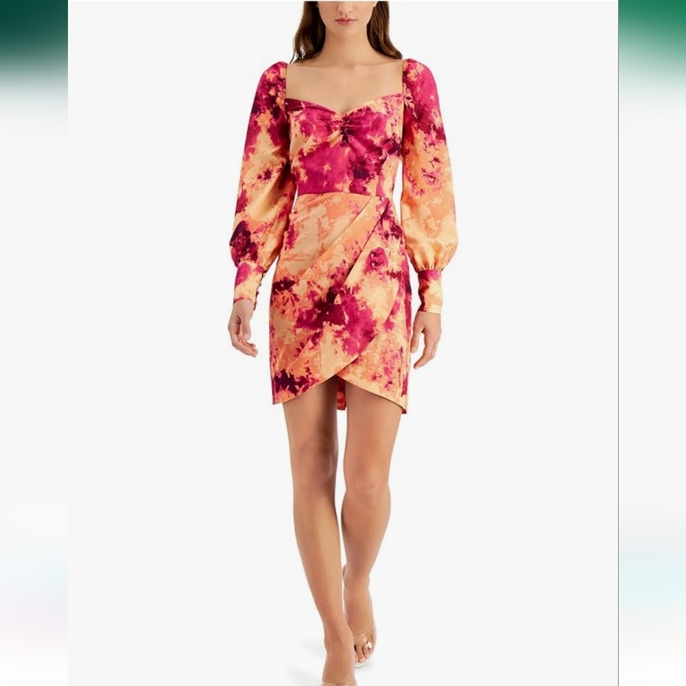 Bar III Desert Melody Purple Orange Sweetheart Long-sleeve Mini Dress Sz Bold